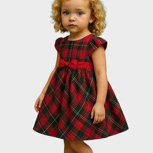 George Baby Dress 12M Red Plaid Check Ruffle Cap Sleeve Bowtie Flare Party Gown